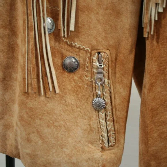 Tribe America Tan Genuine Suede Leather, Fringe along the yoke and sleeves Sz 10 - Picture 6 of 14